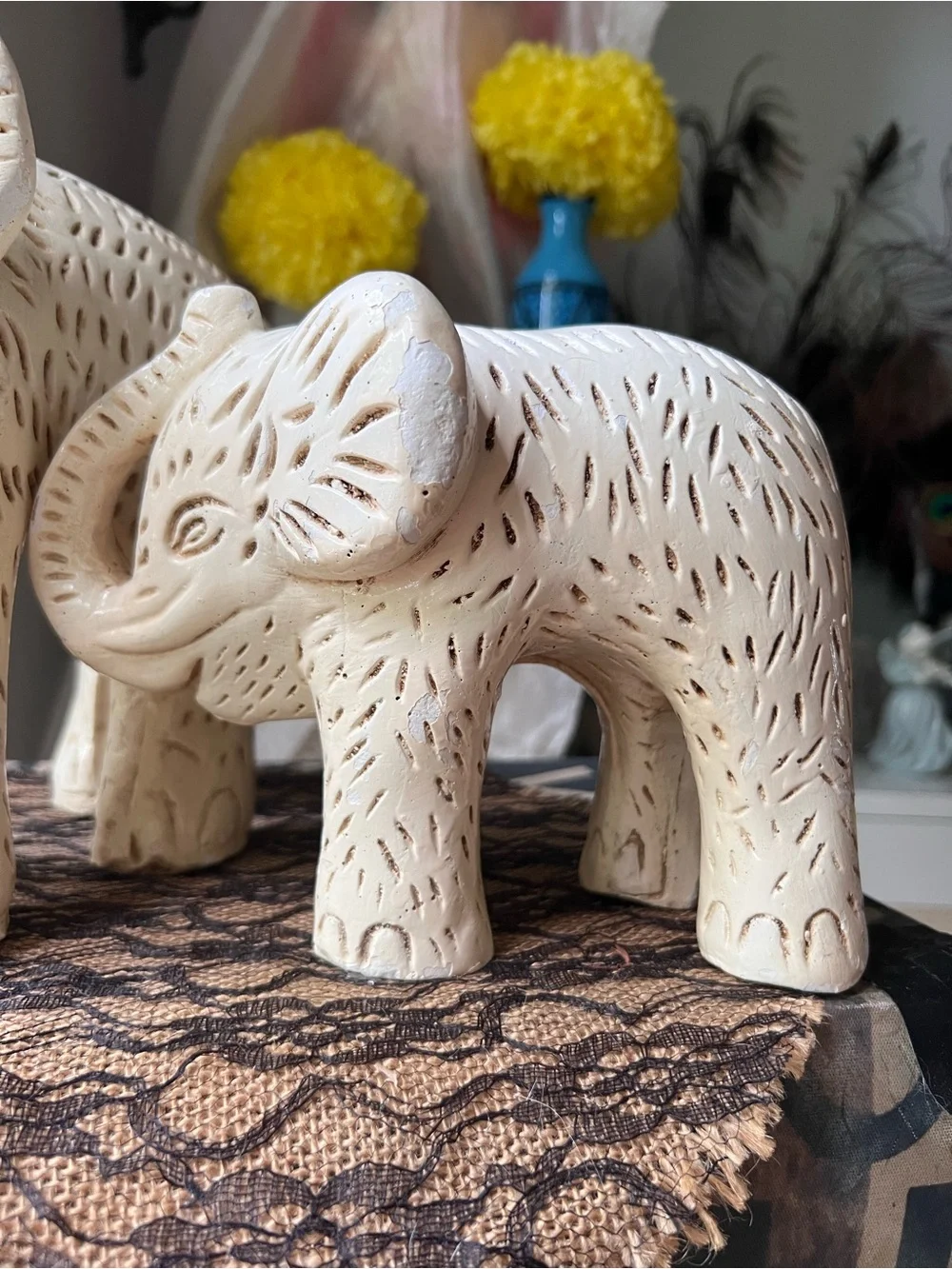 Rustic Boho Talavera Pottery Elephant & Babe Statuettes GUC